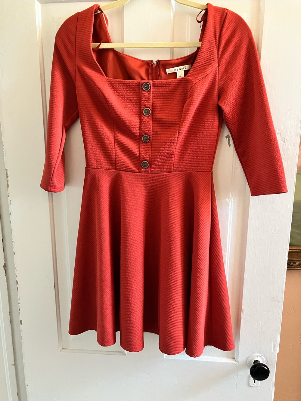 miami Red Square-Neck Fit & Flare Dress with Button Front
